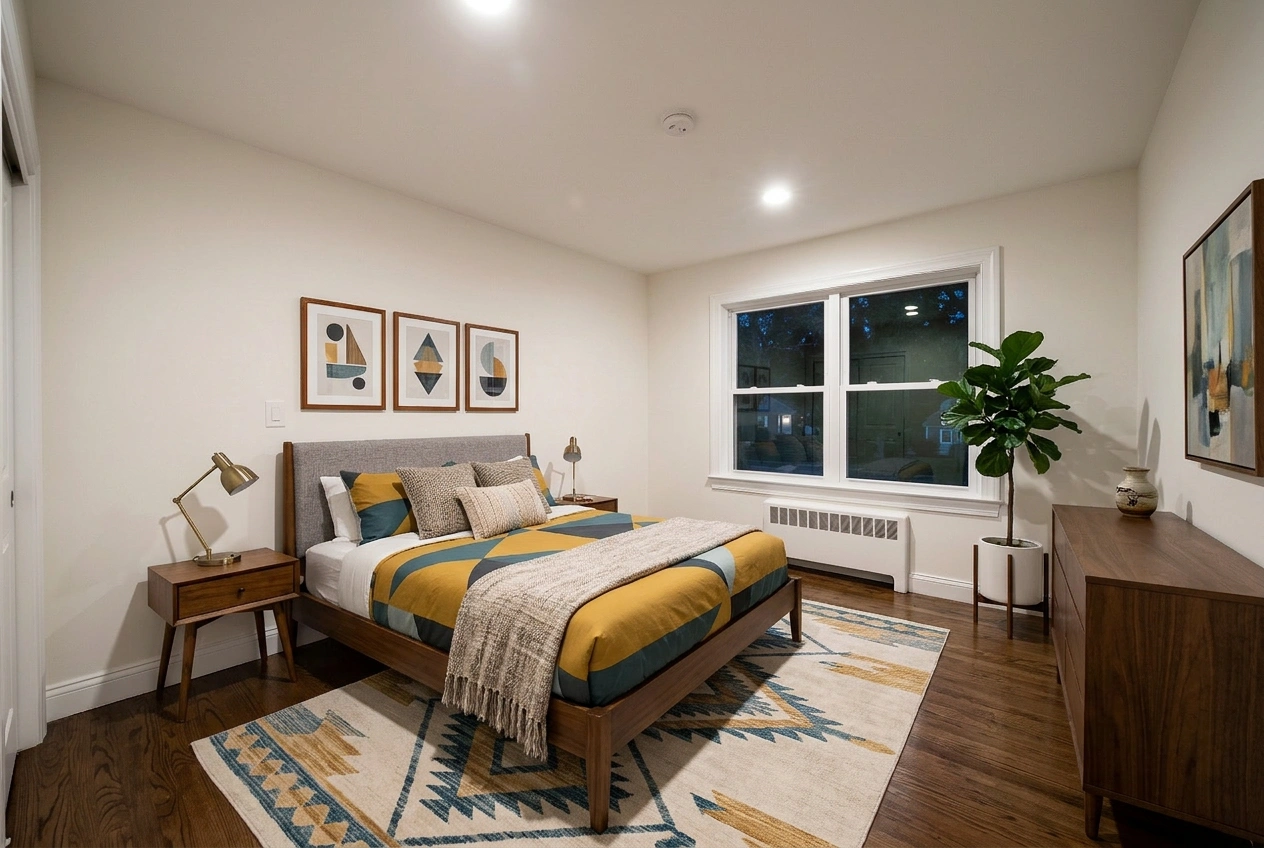 Virtually staged mid-century bedroom by Desiome