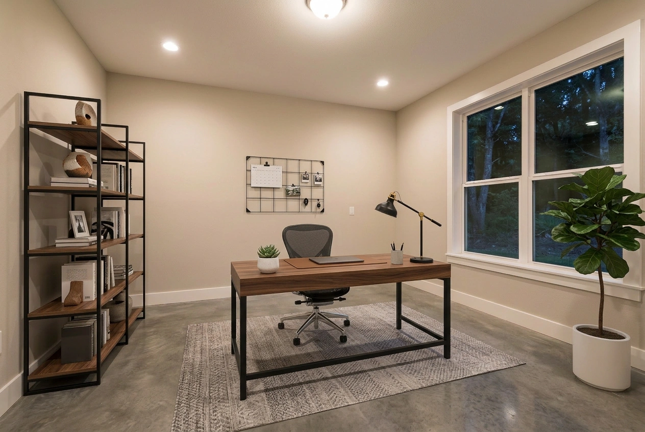 Virtually staged modern home office by Desiome