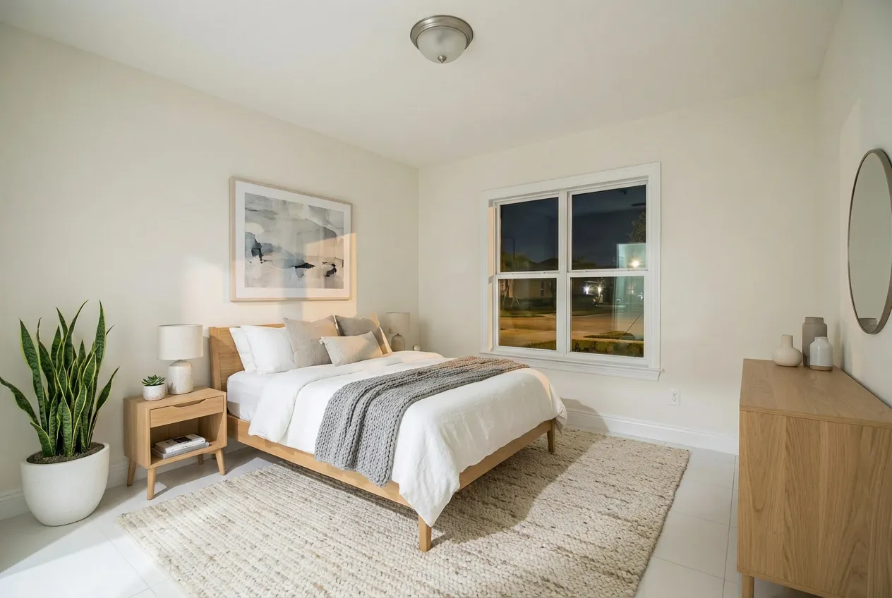 Virtually staged Scandinavian bedroom by Desiome