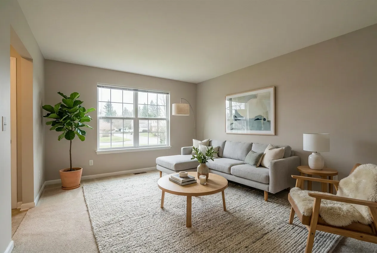 Virtually staged Scandinavian living room by Desiome