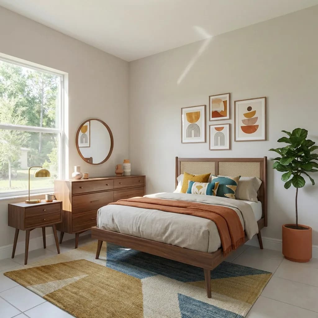 Virtually staged mid-century bedroom by Desiome