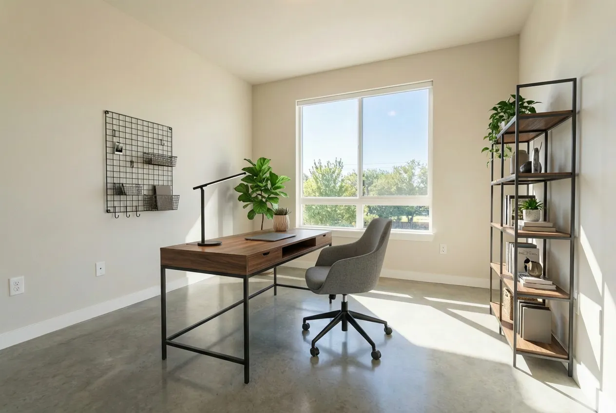 Virtually staged modern home office by Desiome