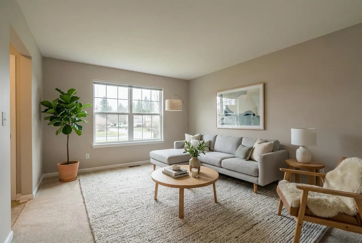 Virtually staged Scandinavian living room by Desiome