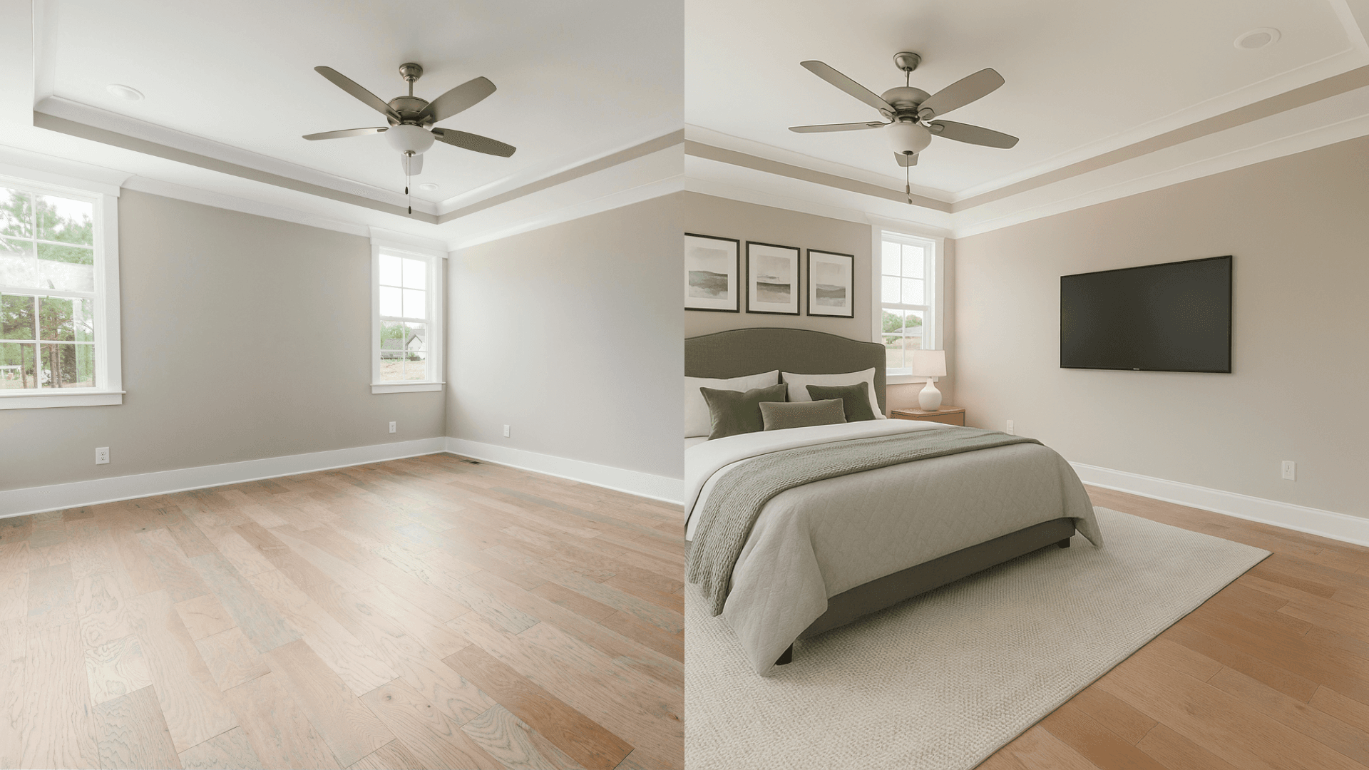 Virtual Staging for a bedroom using Desiome. Style: Modern Farmhouse