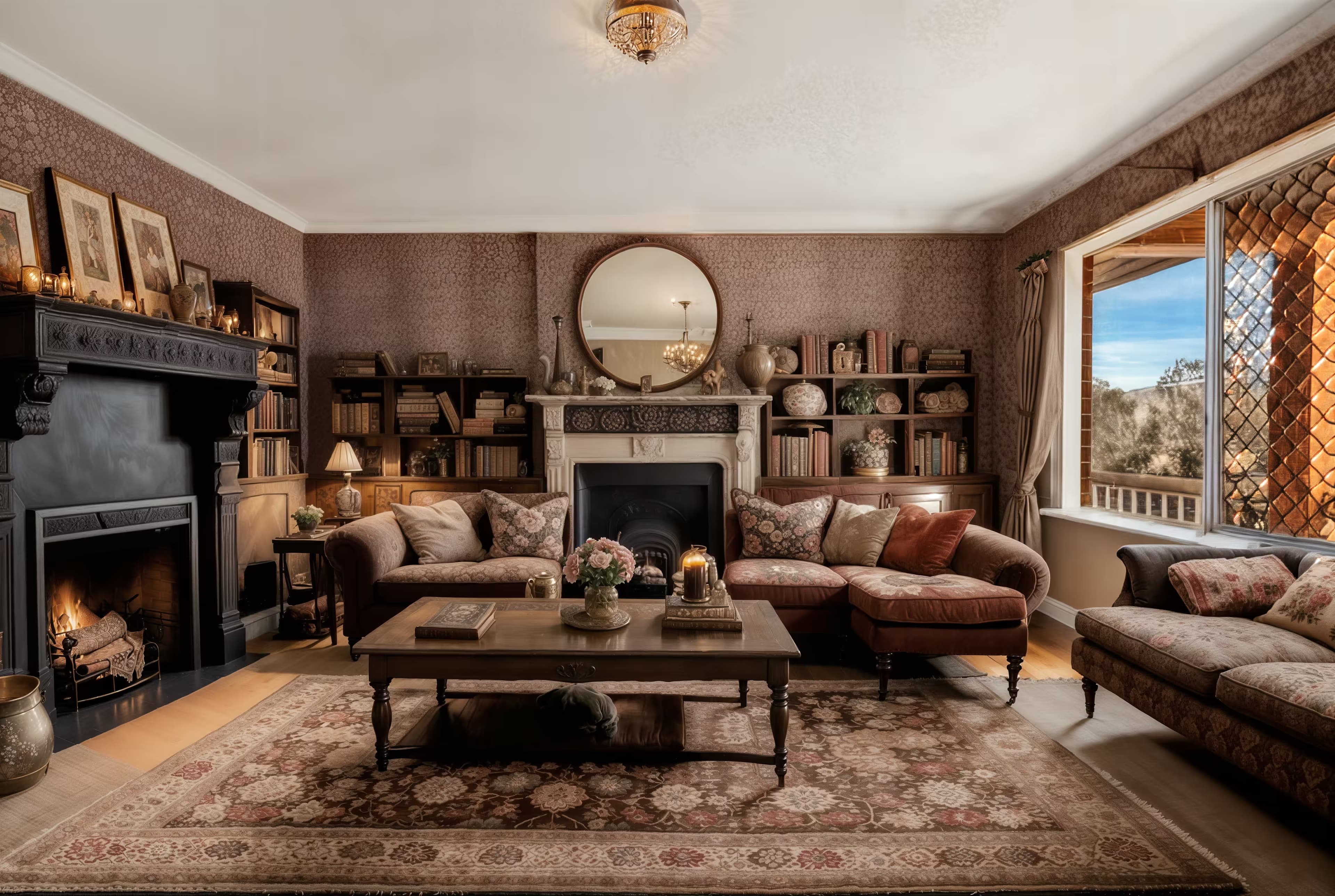 A cozy, vintage-inspired living room with a plush, floral-patterned sofa, a dark wood coffee table adorned with antique books, and a warm fireplace. The room is painted in muted earth tones, with a patterned Persian rug, framed vintage artwork, and potted plants. The space is lit by a combination of warm lamps and natural light, creating a comfortable, nostalgic ambiance.