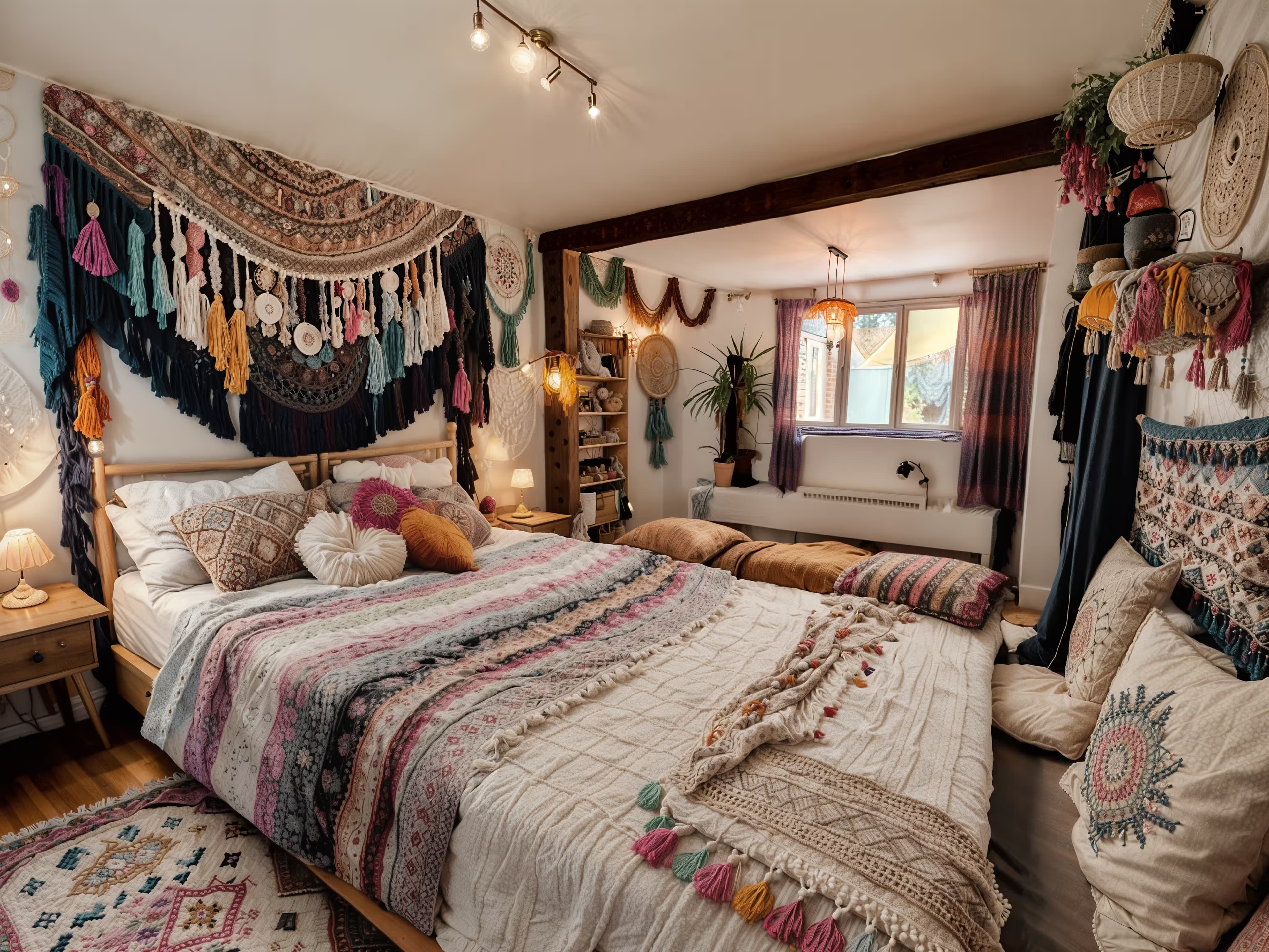 A cozy bohemian bedroom featuring a low platform bed with a colorful patterned duvet and an abundance of throw pillows. Macrame wall hangings and dreamcatchers adorn the walls. A vintage Persian rug covers the wooden floor. Lighting is soft and warm, with string lights draped around the bed frame and a bedside table lamp with a fringed lampshade. Potted plants and woven baskets add to the relaxed, eclectic vibe. The color scheme includes warm earthy tones, such as terracotta, ochre, and deep greens.