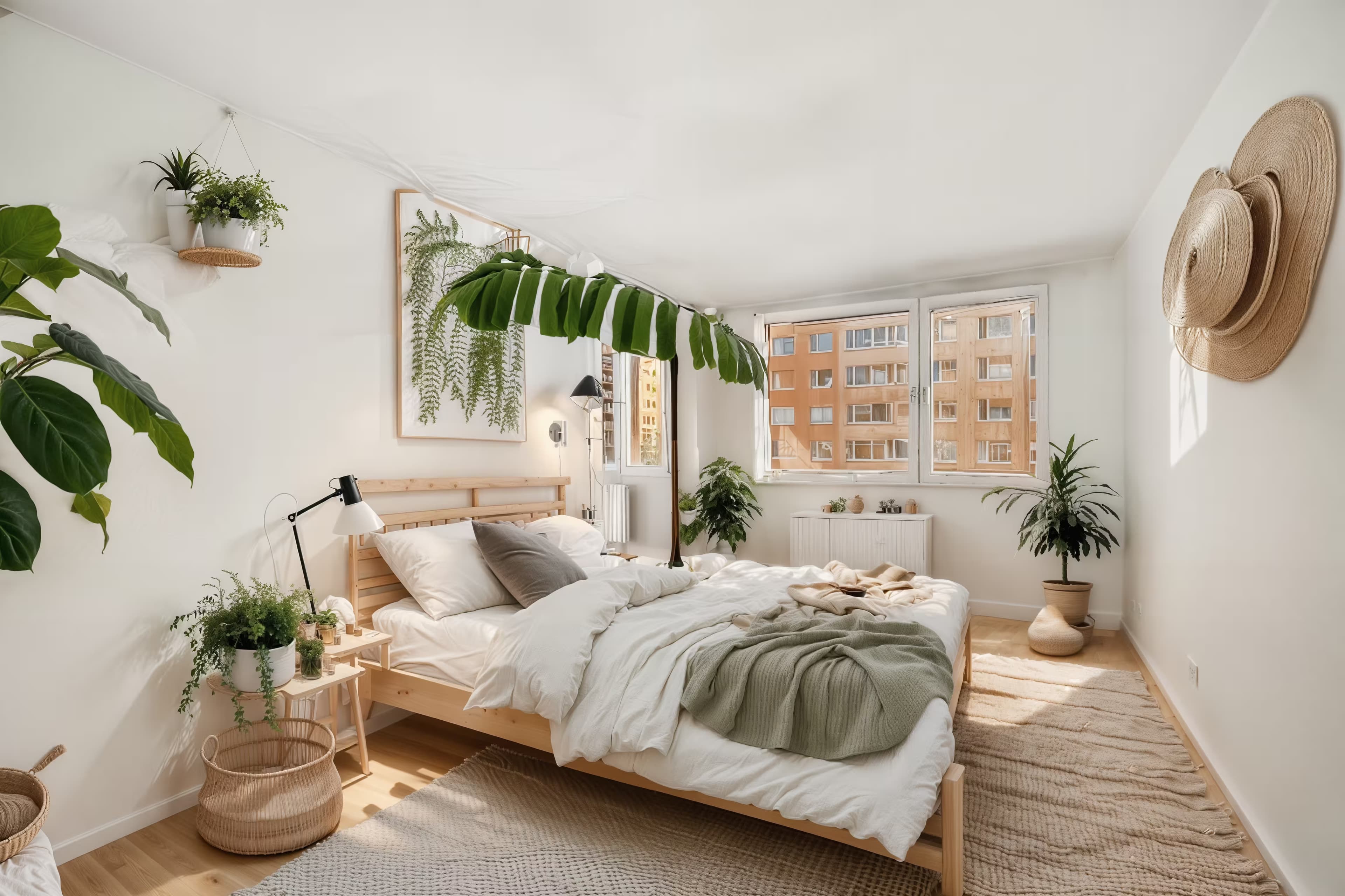 A bright, airy Scandinavian bedroom with a simple wooden bed frame, crisp white linen bedding, and two small wooden bedside tables. The room features large windows letting in natural light, complemented by soft white walls and light wood flooring. Decorations include a few potted green plants, a woven rug, and minimalist artwork. The overall ambiance is clean, calming, and minimalist, promoting relaxation and serenity.