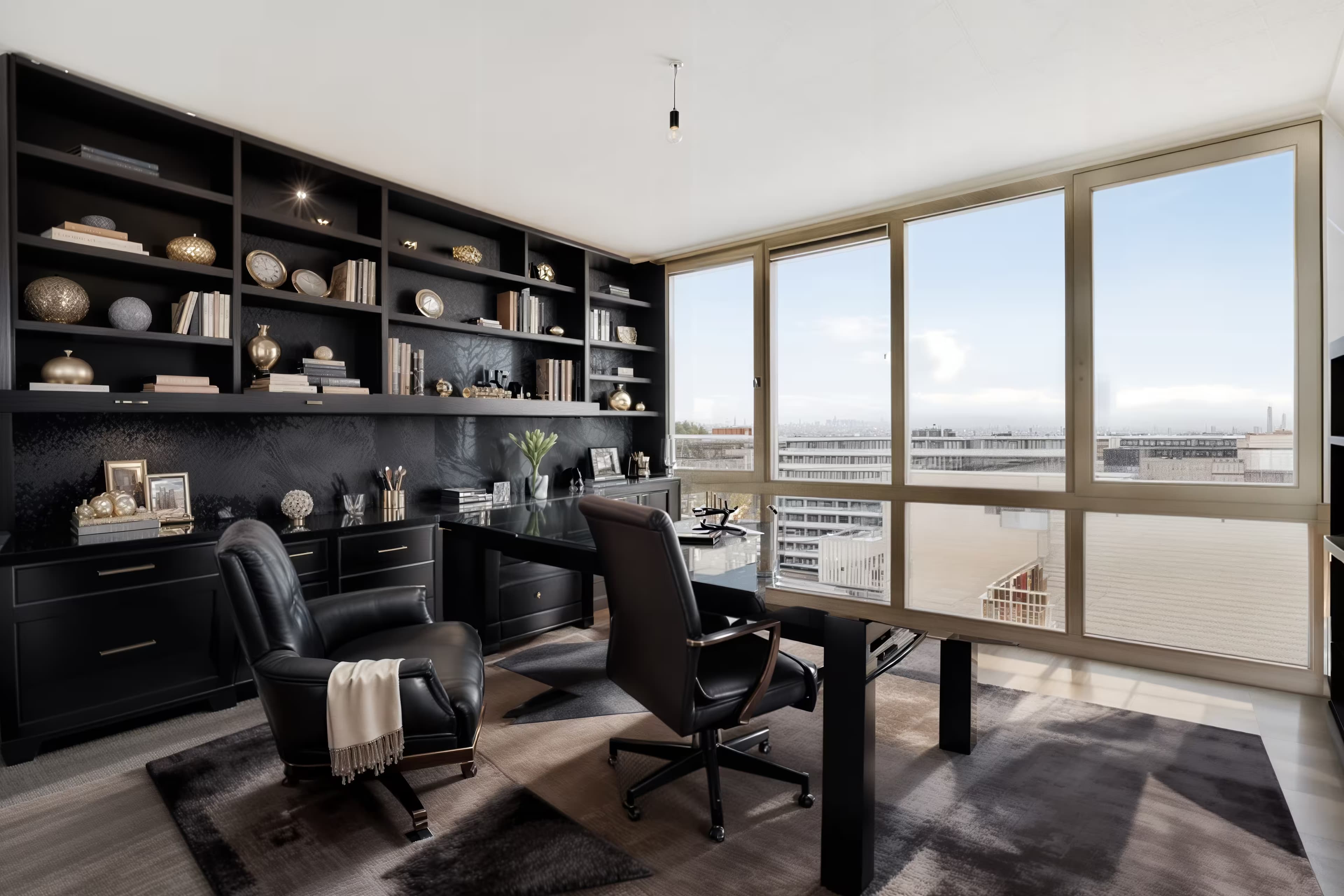 A luxurious modern home office with a sleek glass-top desk, an ergonomic black leather chair, and built-in bookshelves filled with books and decorative objects. The color palette includes deep grays and rich mahogany accents. Floor-to-ceiling windows offer a stunning cityscape view. A geometric patterned rug adds a touch of elegance. Lighting includes a combination of recessed ceiling lights and a stylish desk lamp. The atmosphere is sophisticated and productive.