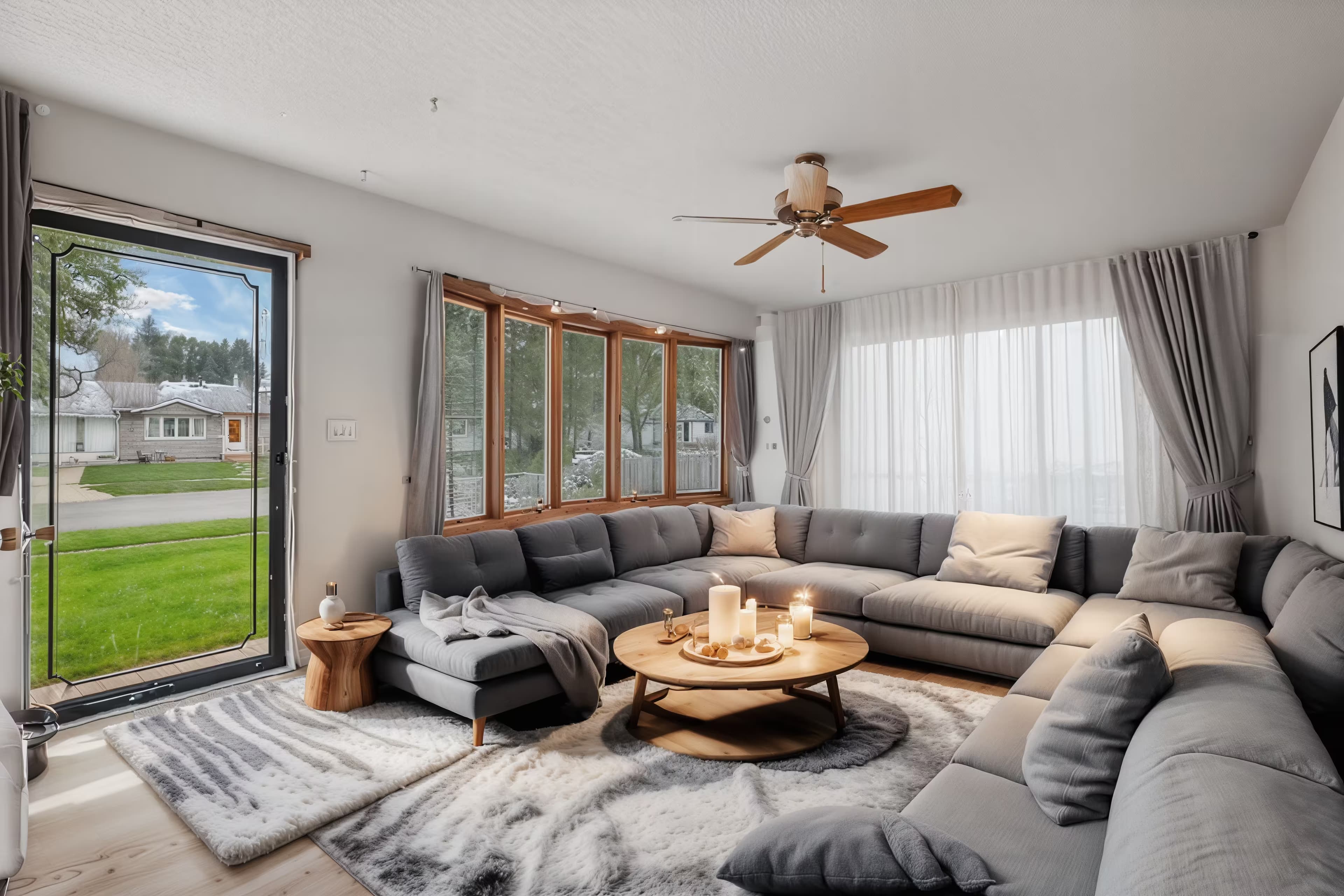 A Scandinavian-style living room with a light gray sectional sofa, a round wooden coffee table, and a large window overlooking a snowy landscape. The room features a neutral color scheme of white, gray, and natural wood tones. Furnishings include minimalist wooden shelves, a woven rug, and white sheer curtains. Warm lamps and candles create a cozy, minimalist ambiance. Textures of wool, wood, and cotton dominate the space.