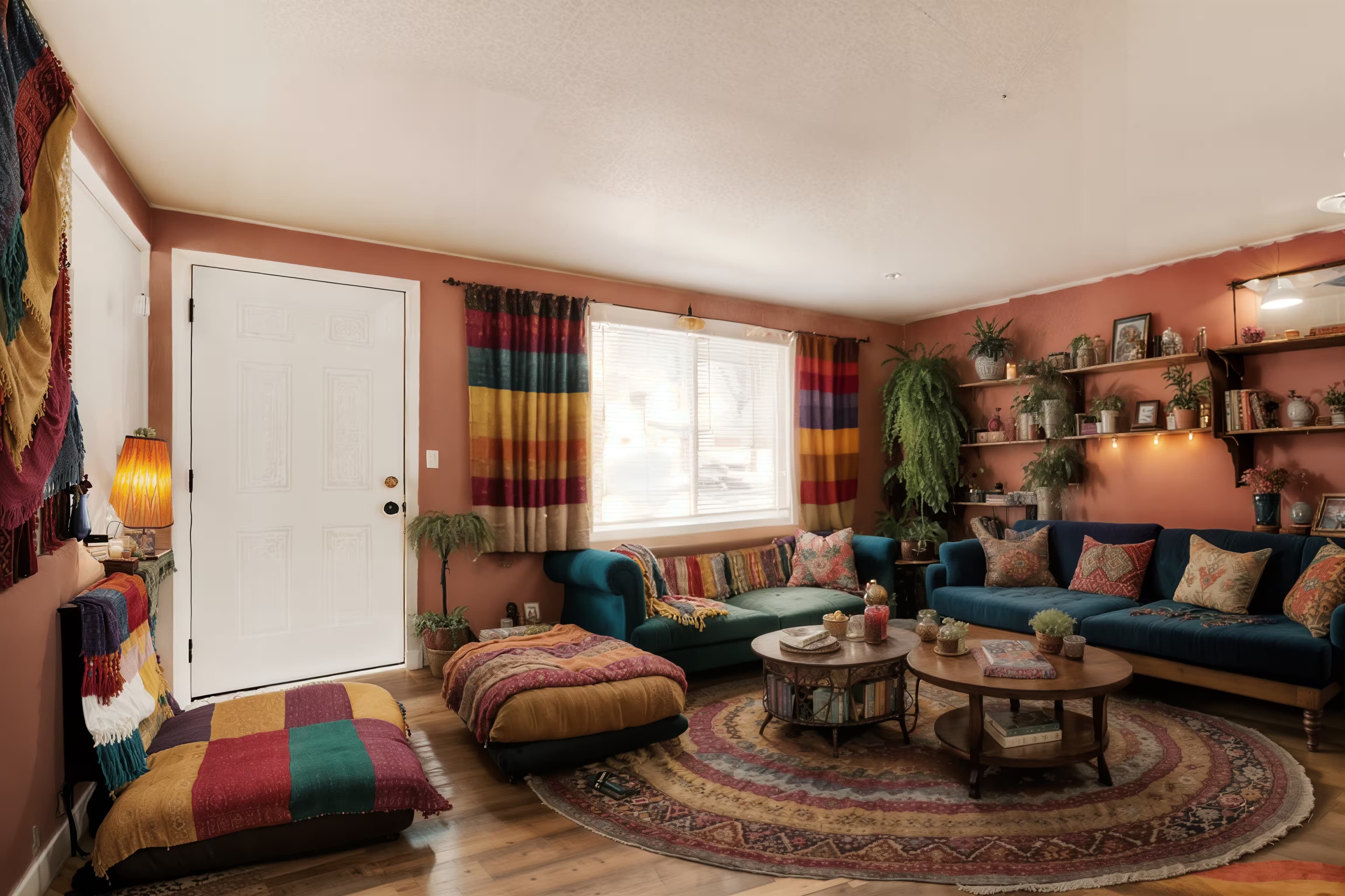 A bohemian-style living room with a colorful patterned sofa, a collection of vintage rugs layered on the floor, and a low wooden coffee table adorned with candles and books. The room is filled with various plants hanging from the ceiling and placed on shelves. Lighting includes string lights and warm-toned lamps. The color scheme is vibrant, with a mix of warm and cool colors. The overall ambiance is relaxed, eclectic, and inviting, with a focus on comfort and personality.