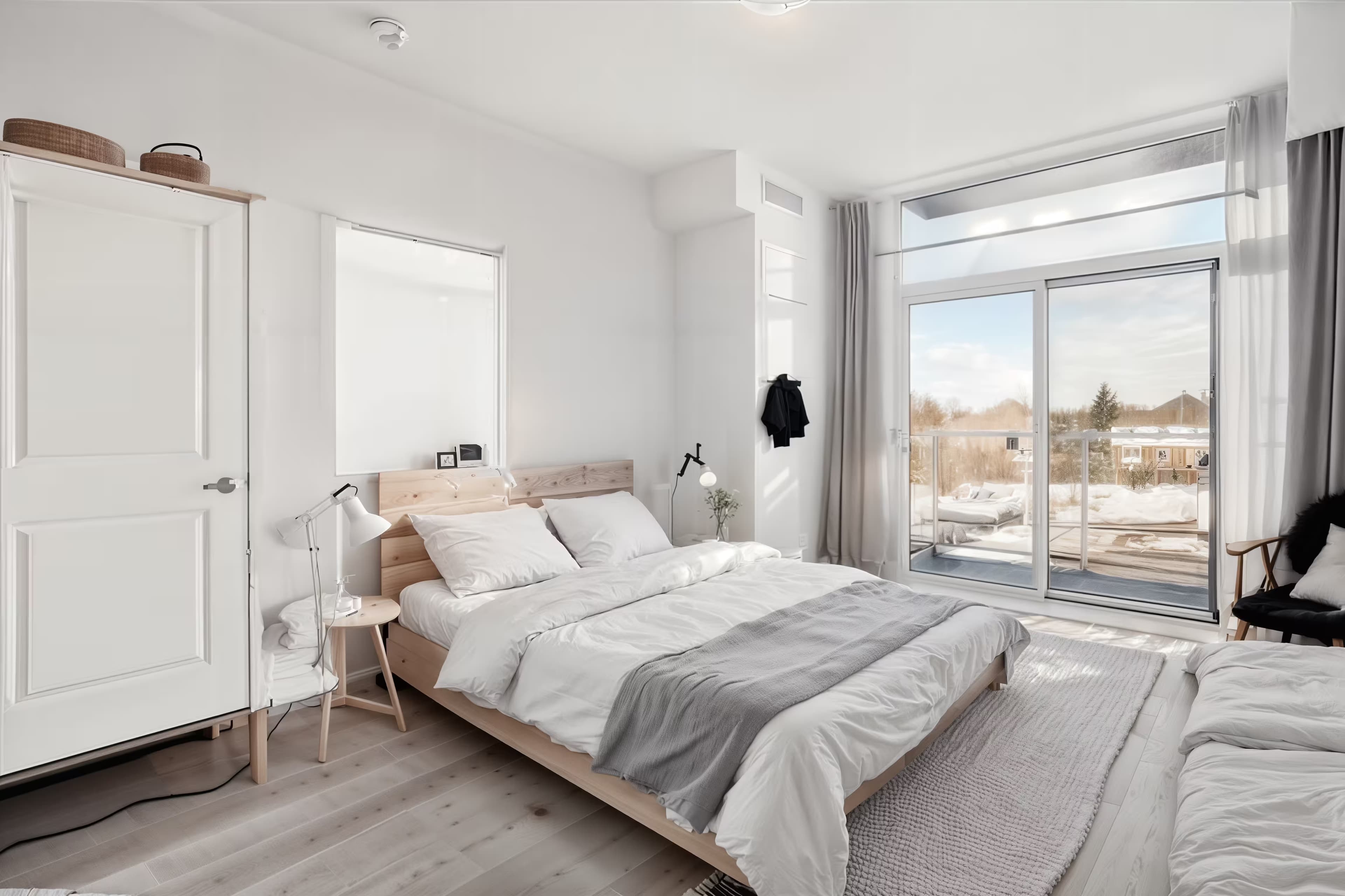 A minimalist Scandinavian bedroom (unchanged layout) with a (low platform bed on right side of room), crisp white linens and bedside table. The color scheme is neutral, with white walls and light gray accents. Wood flooring and simple, uncluttered decor create a serene, cozy ambiance.