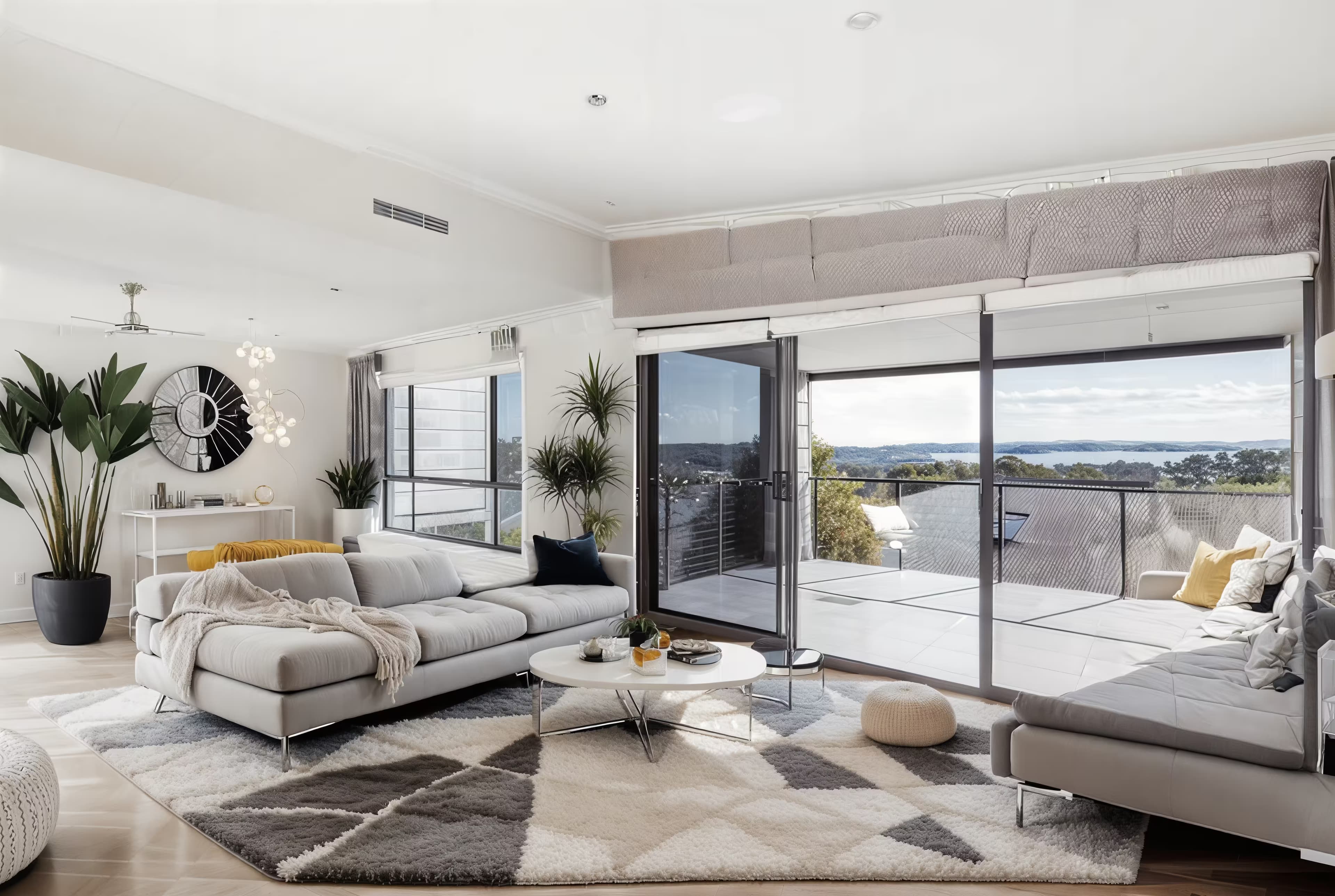 A bright and airy modern living room with a large sectional sofa in light gray fabric, a minimalist white coffee table, and a textured rug in a geometric pattern. Floor-to-ceiling windows provide ample natural light. Accents include chrome floor lamps, abstract wall art, and potted snake plants, creating a minimalist and inviting atmosphere. The color scheme consists of soft neutrals with pops of green, enhancing the fresh and clean ambiance. The flooring remains the same wooden floor, but there are brighter tones.