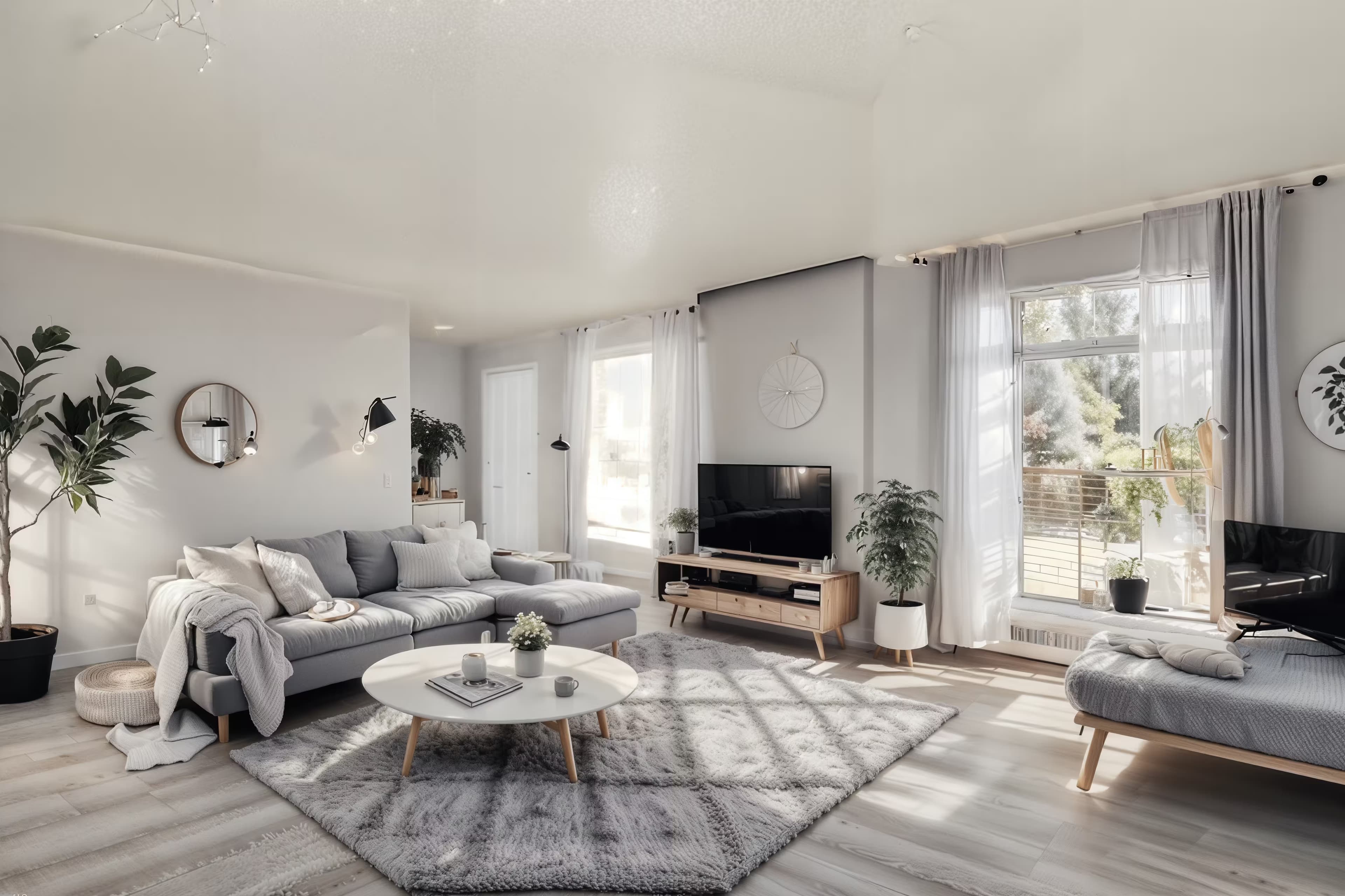 A bright and airy Scandinavian living room with white walls, a light wood floor, and a large window with sheer white curtains. The room features a comfortable grey sofa with knitted cushions, a round light wood coffee table, and a minimal TV stand against the wall. Soft, warm lighting from a simple floor lamp and natural light enhance the cozy atmosphere. Decorations include a few potted plants, abstract art prints, and a textured white rug on the floor. The overall ambiance is clean, minimalist, and inviting.