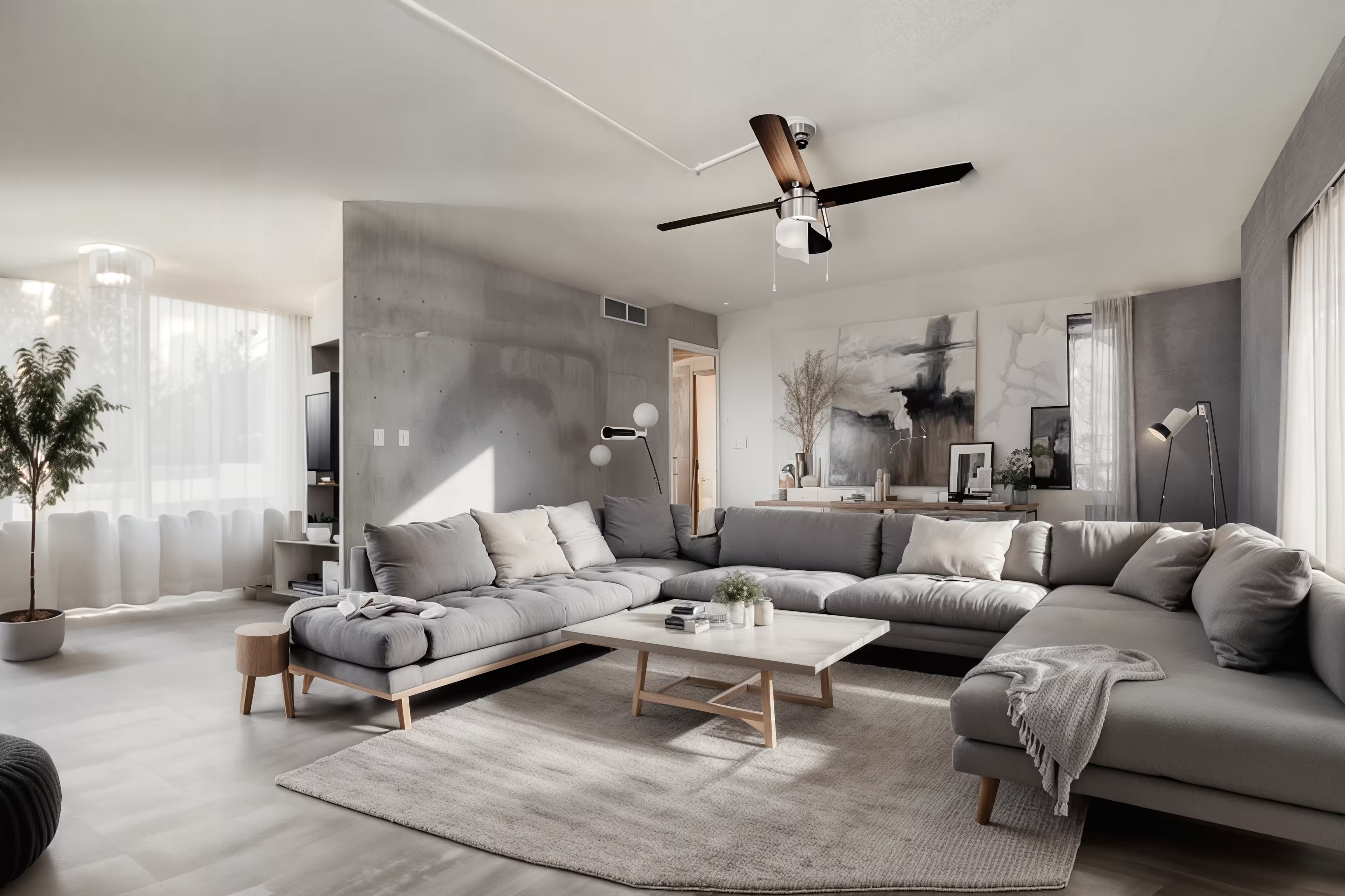 A minimalist modern living room with a large, grey sectional sofa, a simple white coffee table, and expansive windows providing ample natural light. The color scheme is neutral, with shades of grey, white, and light wood. Materials include smooth concrete floors, linen curtains, and a woven wool rug. Decorations are sparse, with a single large abstract artwork, a tall potted snake plant, and subtle recessed lighting, creating a clean and serene ambiance.