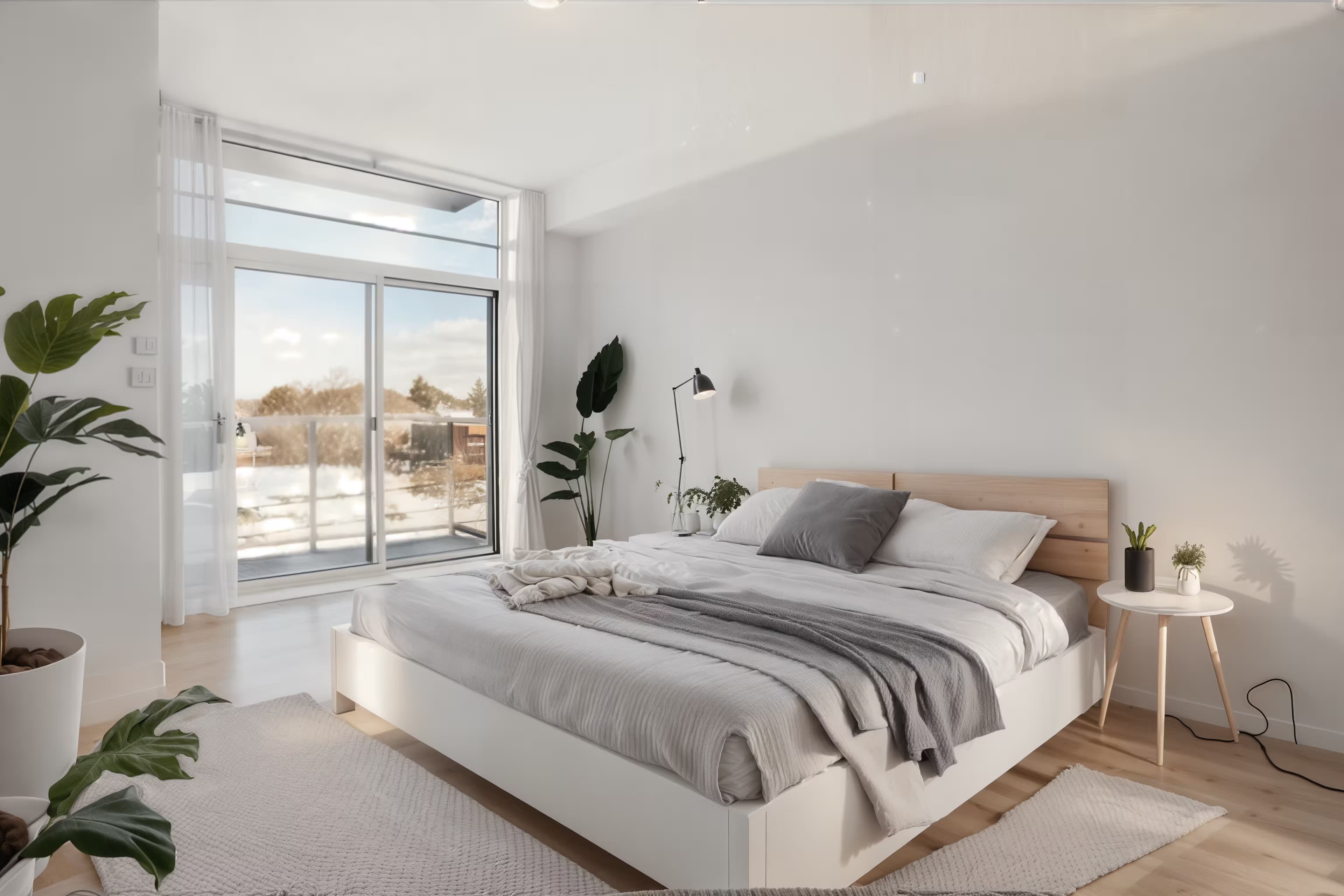 A minimalist, Scandinavian-style studio apartment with light gray wood floors and white walls. A large sliding glass door opens to a balcony. Furnishings include a light-colored wooden platform bed with white linens, a small, modern desk with a simple chair, and a floor lamp with a warm, diffused light. The room features minimal decorations: a large woven rug in neutral tones, a single potted plant on the desk, and a framed piece of abstract art on the wall. Natural light floods the room, supplemented by soft, warm lighting from the floor lamp. The ambiance is clean, airy, and calming.