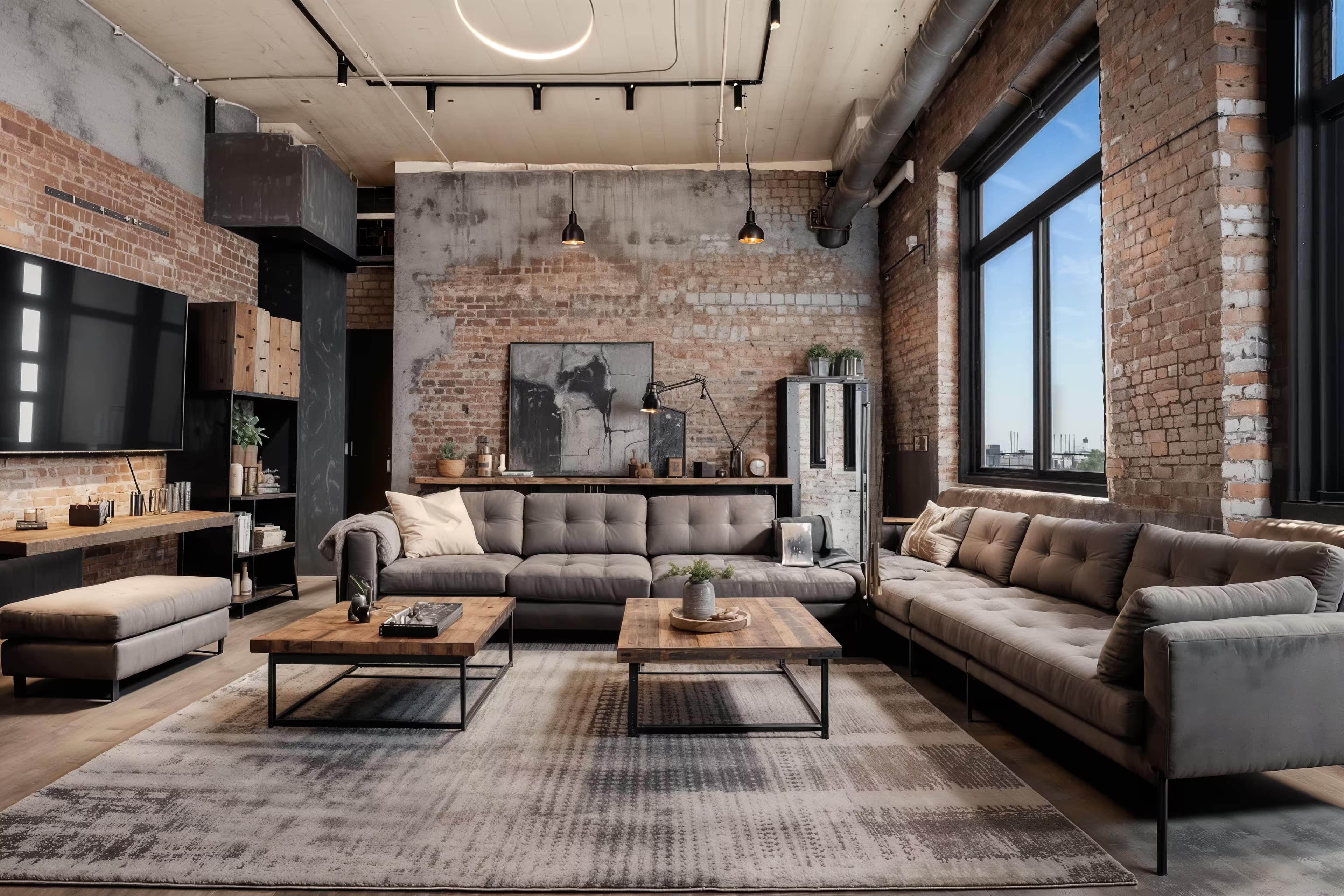 An industrial chic living room with exposed brick wall, large black-framed windows offering natural light, a comfortable grey sectional sofa, and a rustic wooden coffee table. The color scheme features neutral tones like grey, brown, and beige with pops of metallic accents. Decor includes a large, abstract metal wall sculpture, a geometric-patterned area rug, and industrial-style floor lamps with Edison bulbs. The ambiance is modern yet cozy, blending raw industrial elements with comfortable living.