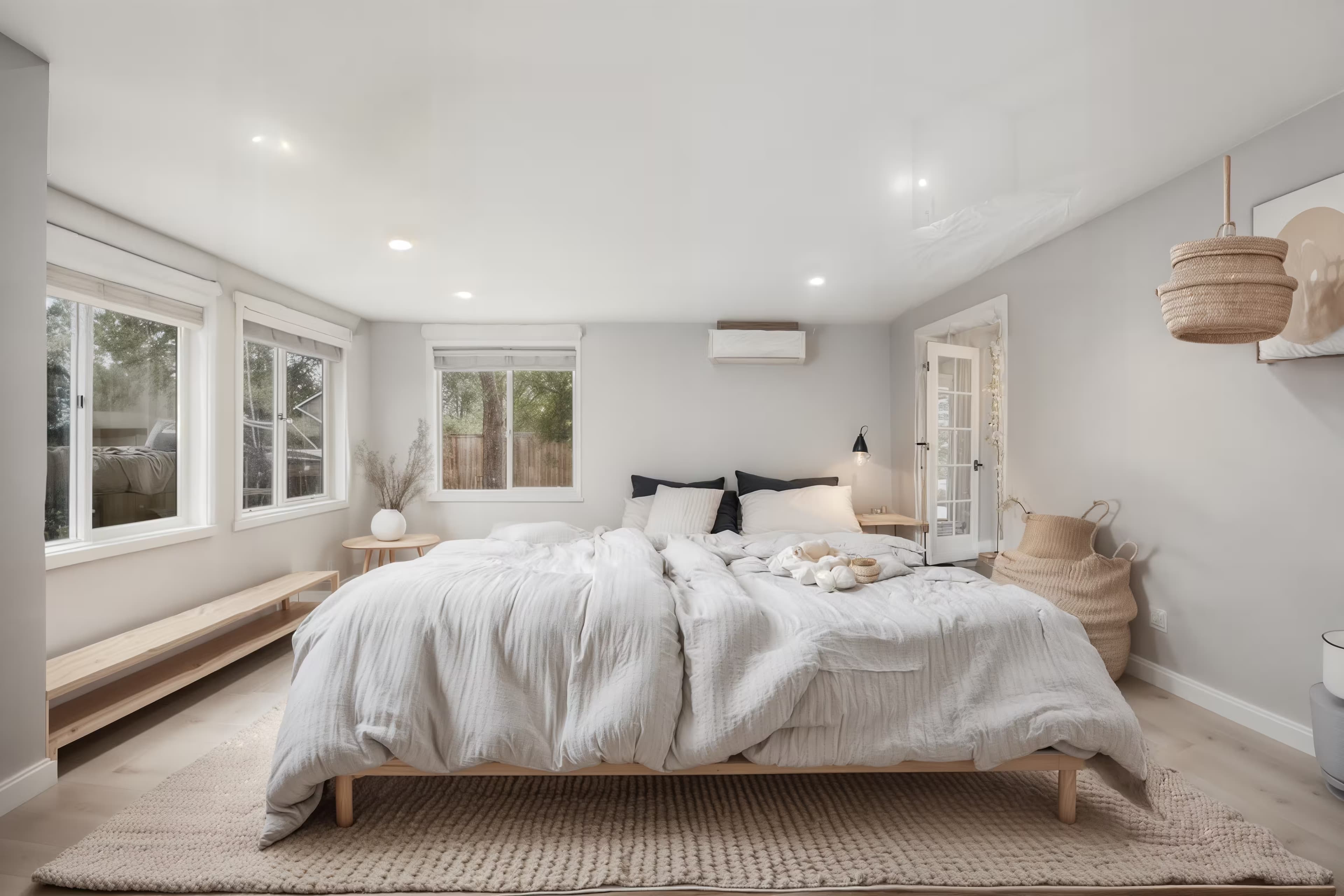 A minimalist Scandinavian bedroom with a low platform bed featuring a light wood frame and a white linen duvet cover. The room includes a small bedside table with a simple lamp, a woven basket for storage, and a light gray wool rug. Natural light floods the space through large, unadorned windows. The color scheme is dominated by neutral tones like white, beige, and light gray, with subtle accents of pastel blue. Materials consist of light wood, linen, and wool. Decorations are kept to a minimum, with a single framed print, a small potted plant, and sheer white curtains, creating a serene, uncluttered ambiance.