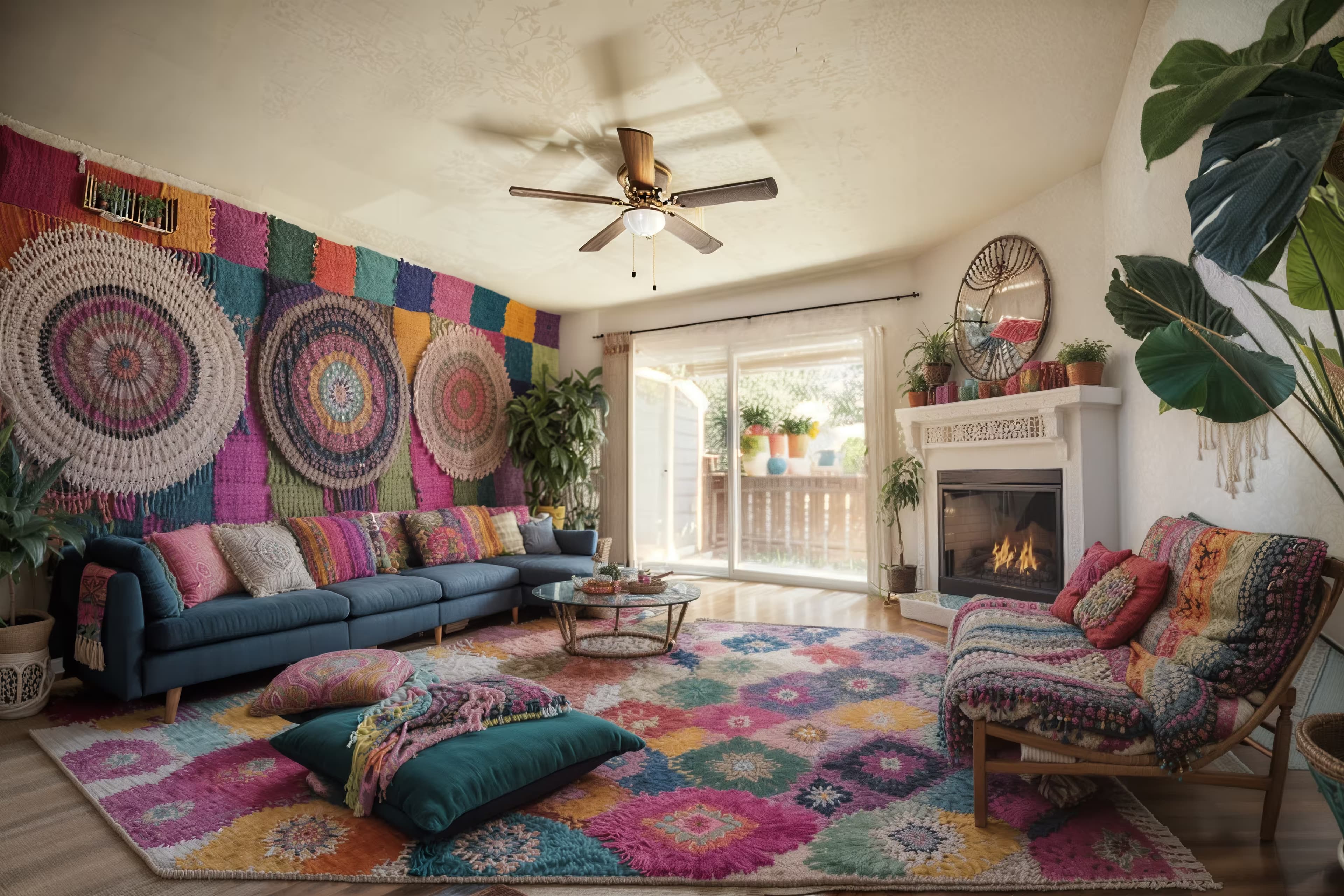 A bright and airy bohemian living room featuring a large, patterned area rug with vibrant colors and intricate designs. The room includes a comfortable, oversized sectional sofa with eclectic throw pillows in various textures and patterns. The fireplace is adorned with a macrame wall hanging and surrounded by potted plants of varying sizes and leaf patterns. The large sliding glass door allows plenty of natural light. Add wicker baskets, wooden side tables, and warm-toned string lights to enhance the cozy, free-spirited ambiance.