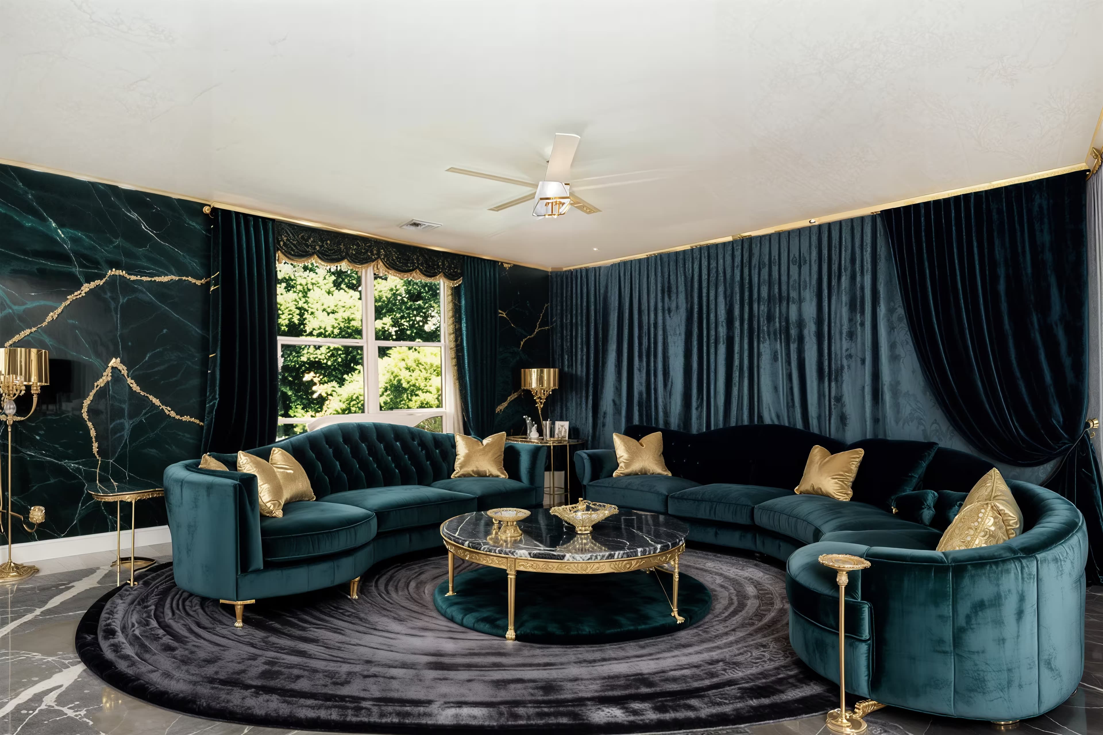 An elegant luxury living room with a plush velvet sofa in a rich jewel tone (e.g., emerald green or sapphire blue). Features a marble coffee table with gold accents and floor-to-ceiling sheer curtains filtering soft, natural light. The room includes a decorative chandelier, recessed lighting, and elegant wall sconces. Walls are painted in a warm grey tone, with a large ornate mirror on one wall. Decorations include crystal vases, expensive artwork, and a thick, patterned rug. The overall ambiance is opulent, sophisticated, and comfortable.