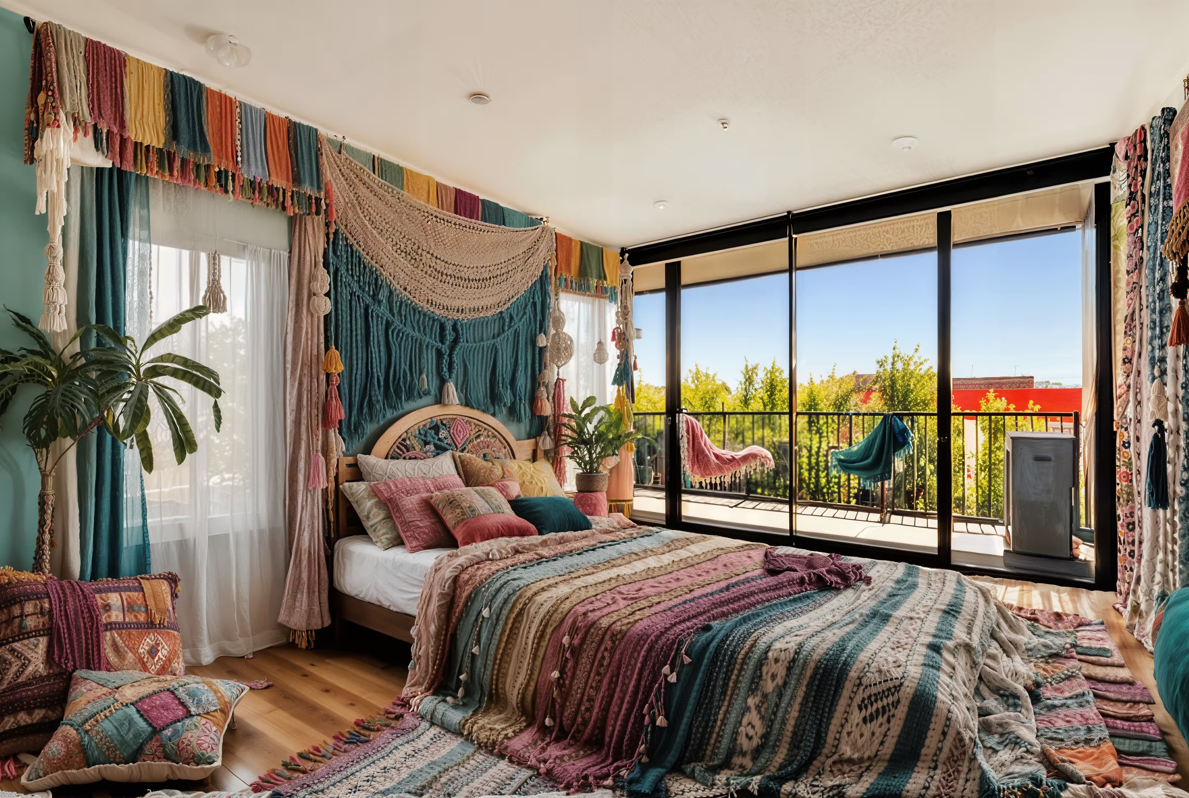 A vibrant bohemian bedroom filled with eclectic textures and colors. The focal point is a low platform bed draped with colorful patterned textiles and numerous decorative pillows. The room features macrame wall hangings, vintage wooden furniture, and a variety of potted plants. Warm light streams in through sheer curtains, creating a soft, dreamy atmosphere. The color palette includes earthy tones, vibrant blues, and warm reds. A large woven rug covers the hardwood floor. The overall ambiance is relaxed, artistic, and inviting.