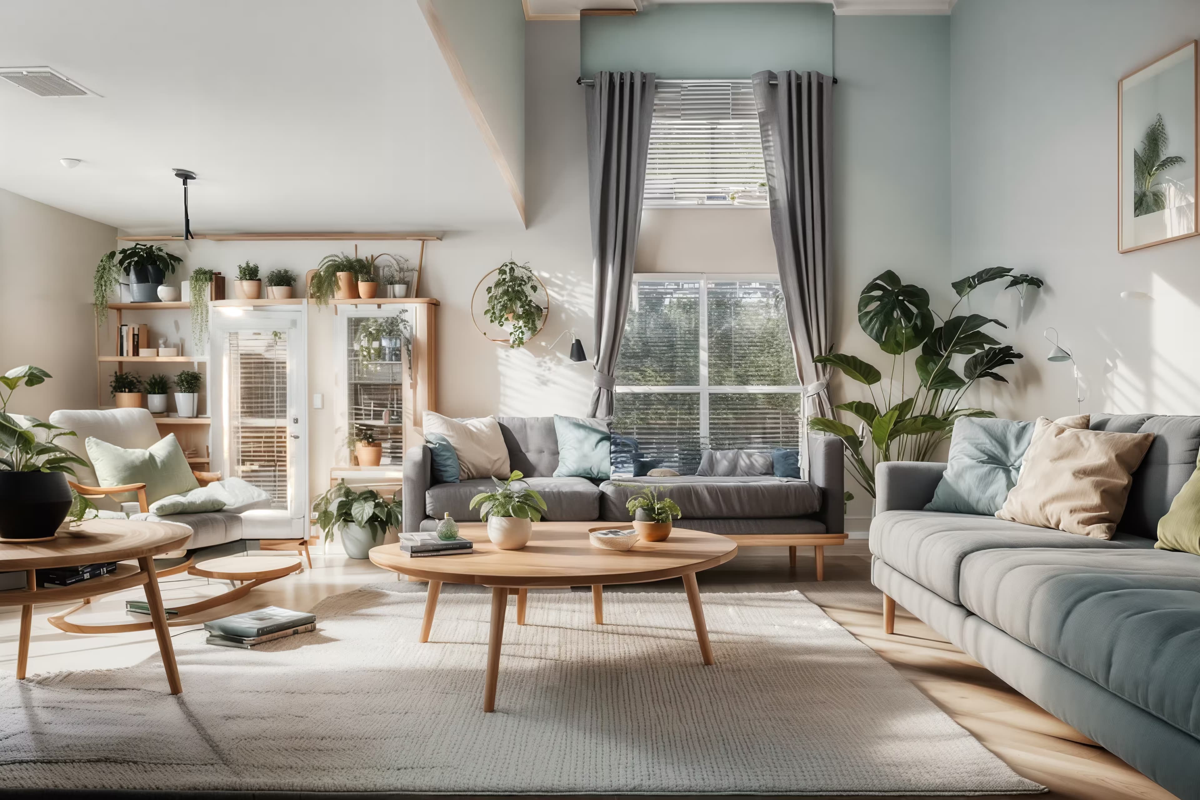 A bright, Scandinavian-style living room with minimalist decor. Features a light gray, modular sofa, a round wooden coffee table, and open shelving filled with plants and books. Large windows provide ample natural light. The color scheme is neutral with pops of pastel green and blue. Light wood flooring and woven textures create a cozy, minimalist ambiance. The lighting includes a sleek pendant lamp and subtle recessed ceiling lights.